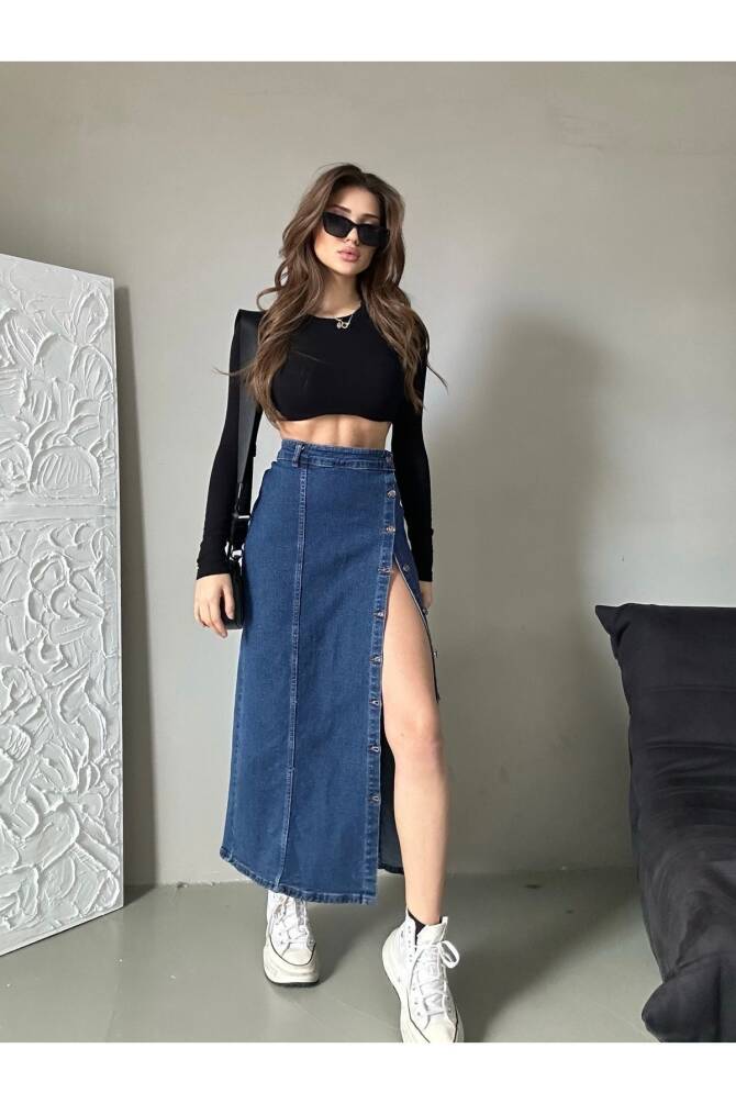 Kadın Önü Düğmeli Maxi Boy Koyu Mavi Likralı Denim Etek ZYN-58730 - 1