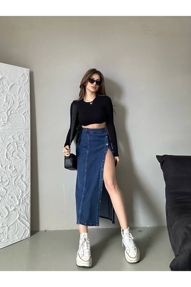 Kadın Önü Düğmeli Maxi Boy Koyu Mavi Likralı Denim Etek ZYN-58730 - 2