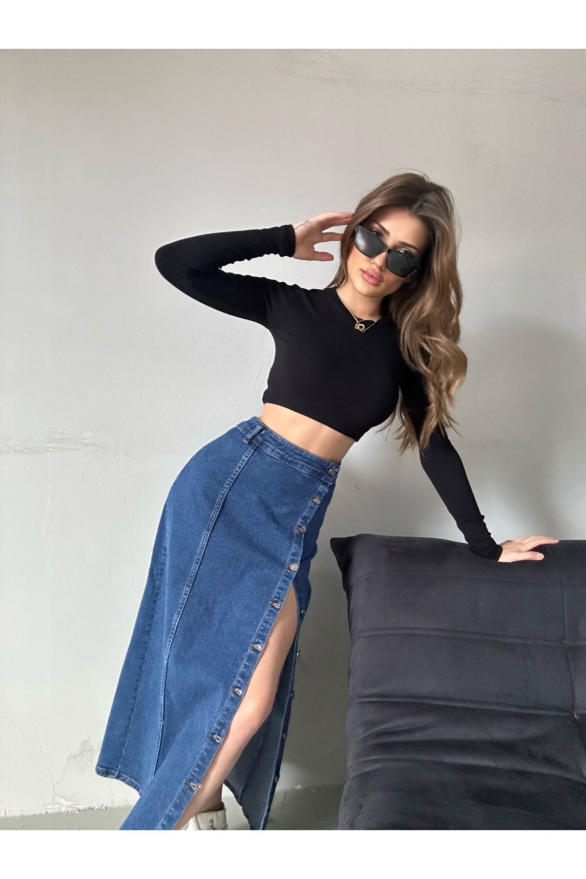 Kadın Önü Düğmeli Maxi Boy Koyu Mavi Likralı Denim Etek ZYN-58730 - 3