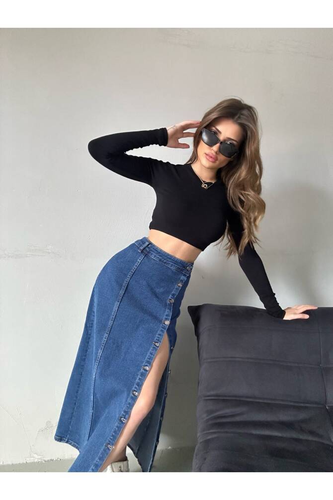 Kadın Önü Düğmeli Maxi Boy Koyu Mavi Likralı Denim Etek ZYN-58730 - 3