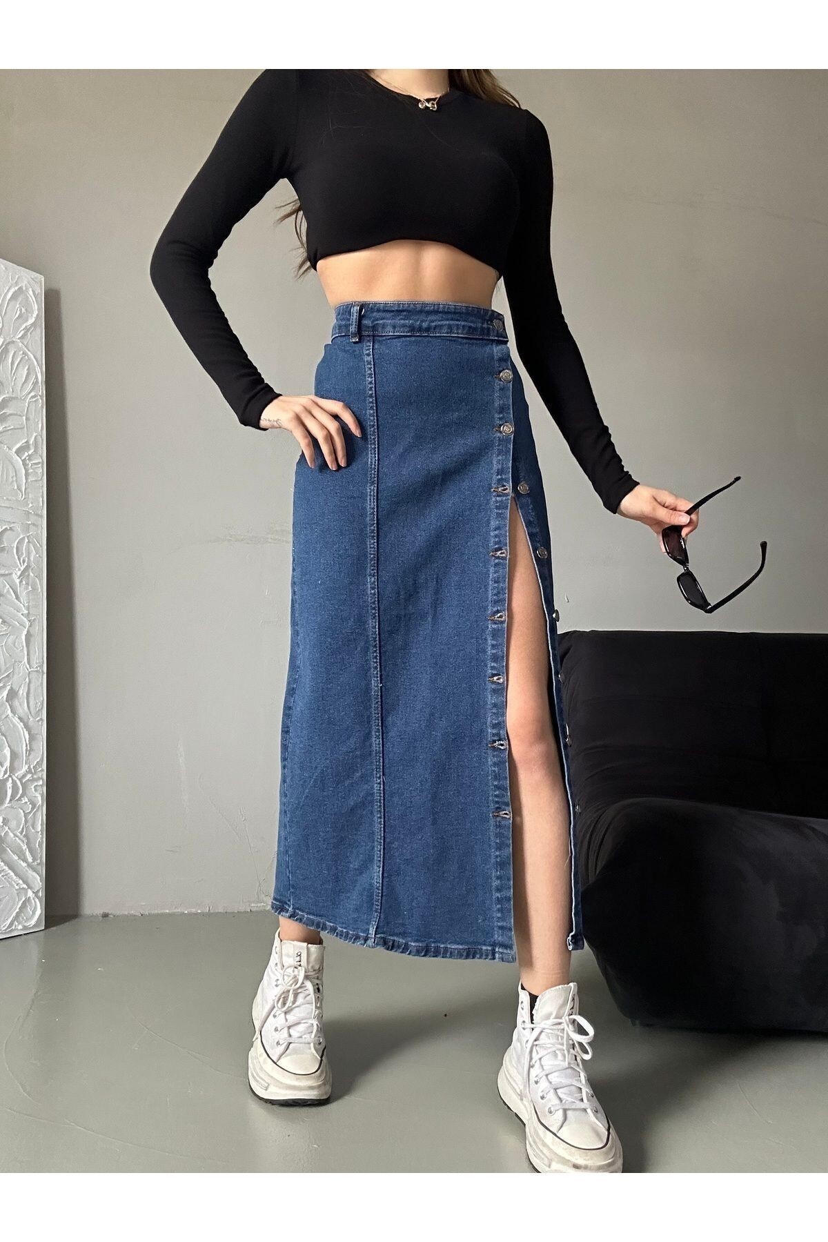 Kadın Önü Düğmeli Maxi Boy Koyu Mavi Likralı Denim Etek ZYN-58730 - 4