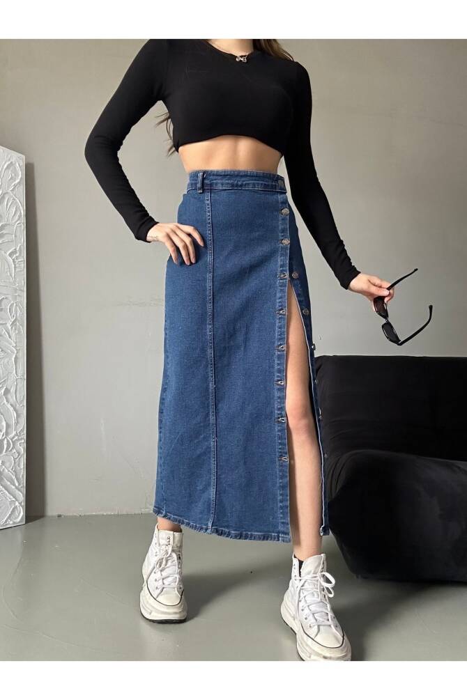 Kadın Önü Düğmeli Maxi Boy Koyu Mavi Likralı Denim Etek ZYN-58730 - 4