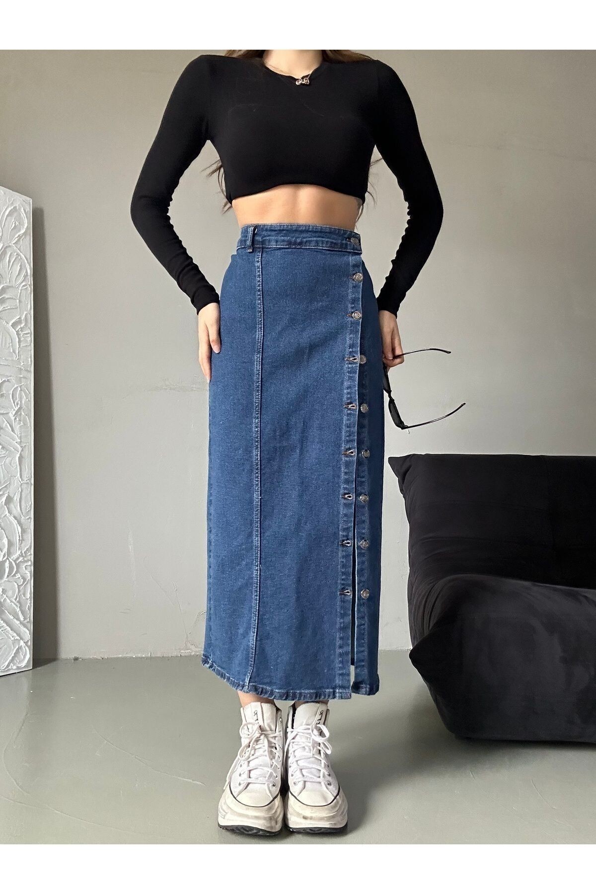Kadın Önü Düğmeli Maxi Boy Koyu Mavi Likralı Denim Etek ZYN-58730 - 5