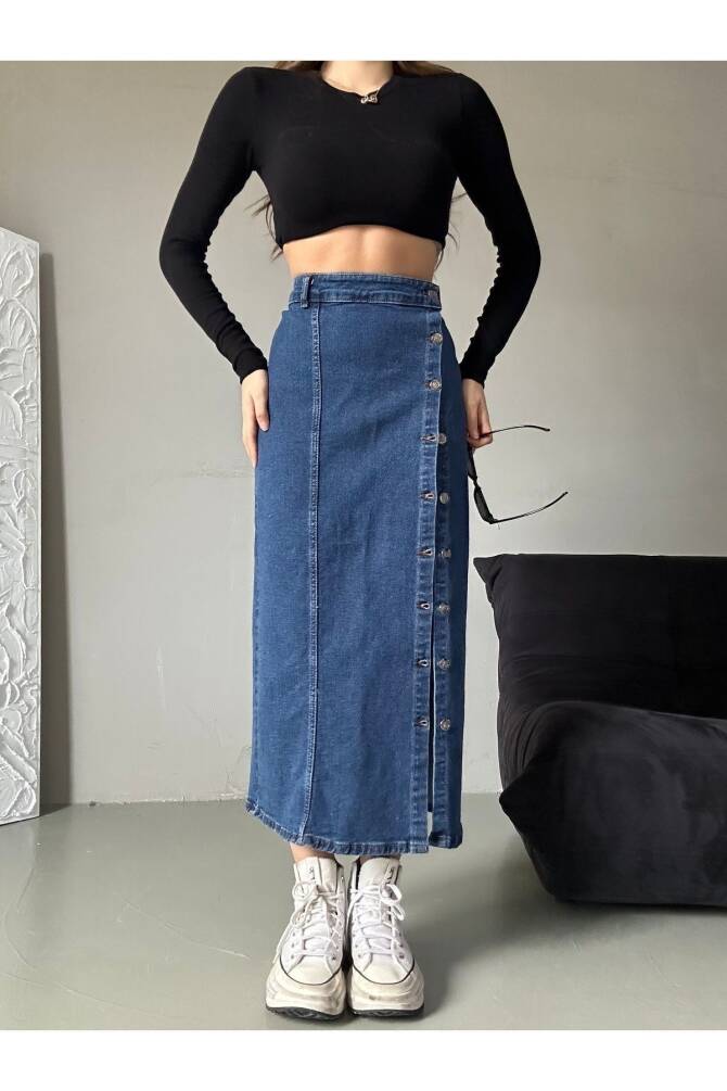 Kadın Önü Düğmeli Maxi Boy Koyu Mavi Likralı Denim Etek ZYN-58730 - 5