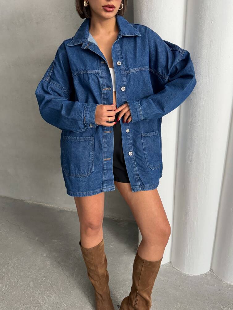 Kadın Oversize Denim Gömlek Ceket HYN-20389 - 3
