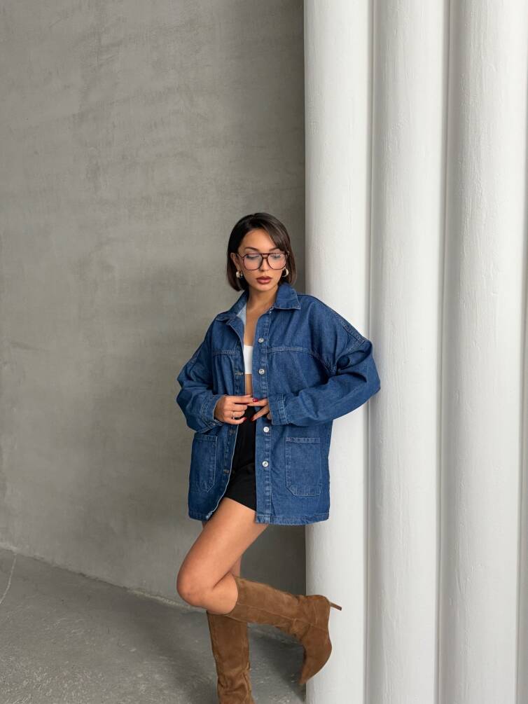 Kadın Oversize Denim Gömlek Ceket HYN-20389 - 4