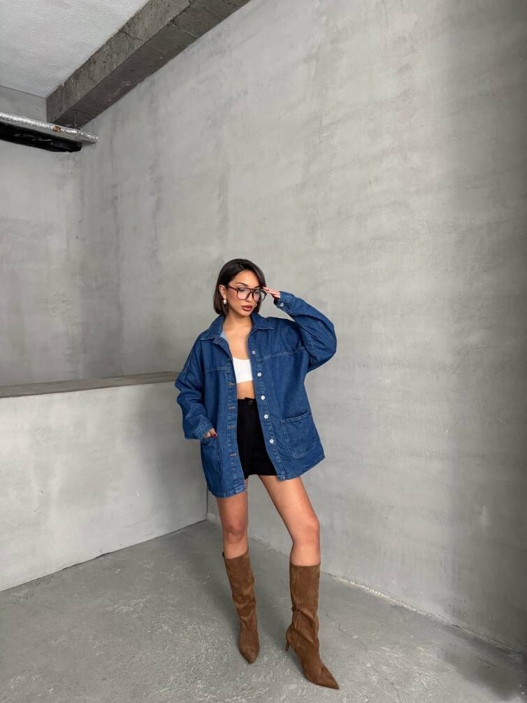 Kadın Oversize Denim Gömlek Ceket HYN-20389 - 7