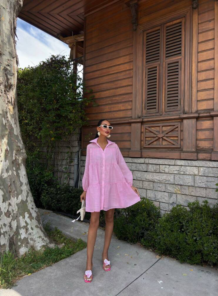 Kadın Oversize Katlı Gömlek Elbise HYN-58056 - 11