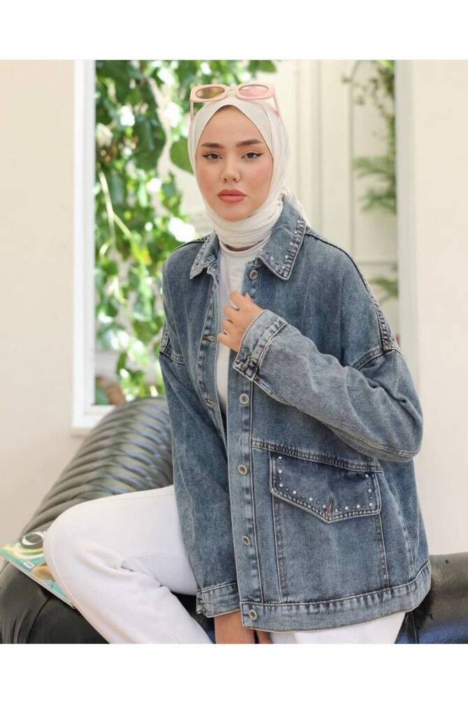 KADIN TAŞ DETAYLI OVERSİZE DENİM KOT CEKET ZYN-58710 - 16