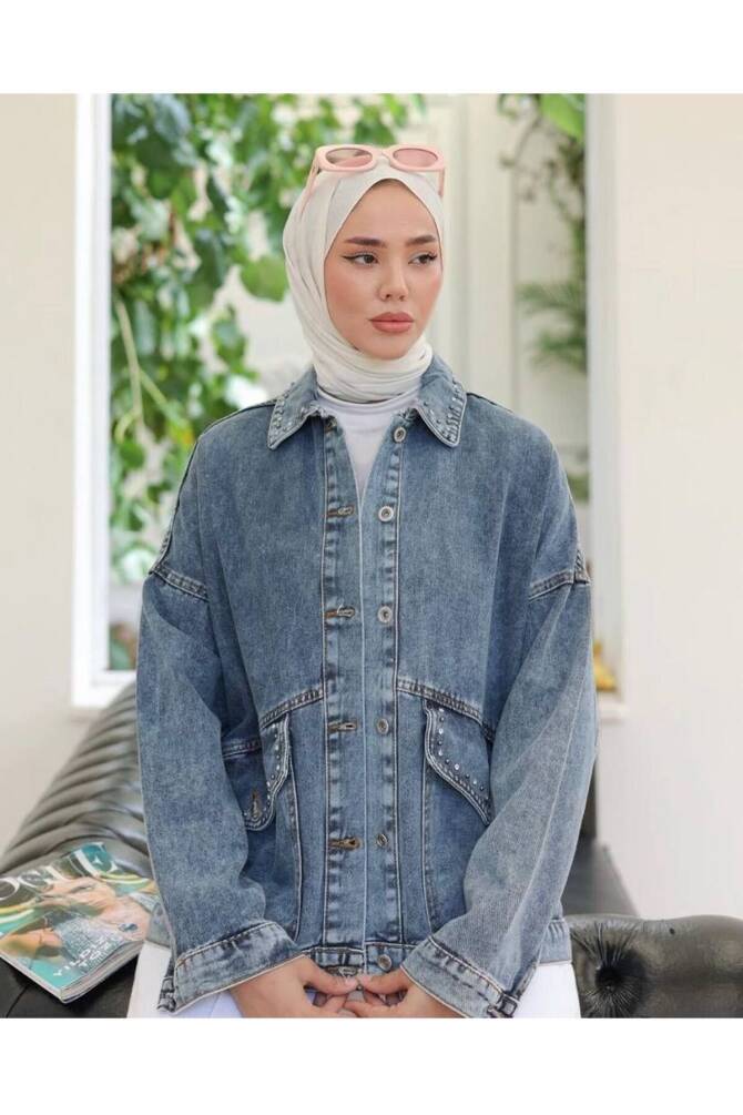 KADIN TAŞ DETAYLI OVERSİZE DENİM KOT CEKET ZYN-58710 - 19