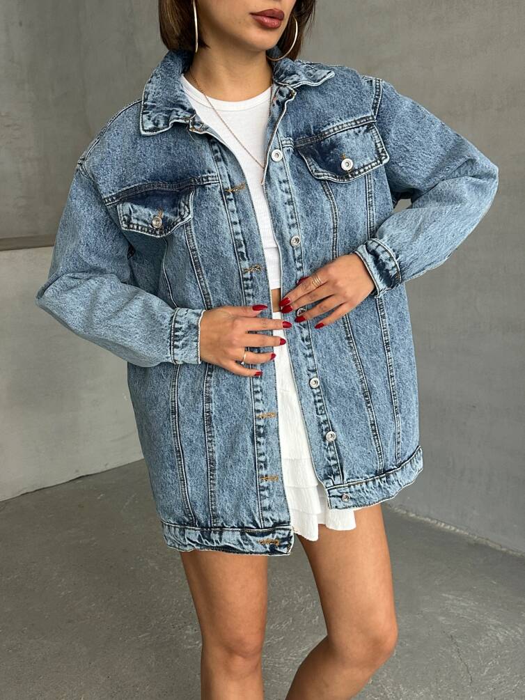 Kadın Taş Yıkama Oversize Denim Ceket Gömlek HYN-10003 - 2