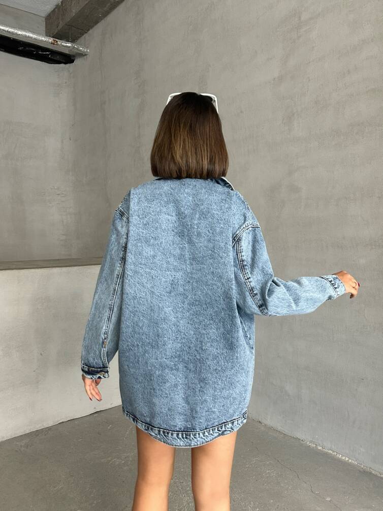 Kadın Taş Yıkama Oversize Denim Ceket Gömlek HYN-10003 - 3