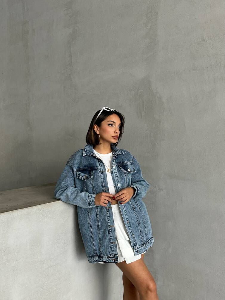 Kadın Taş Yıkama Oversize Denim Ceket Gömlek HYN-10003 - 5