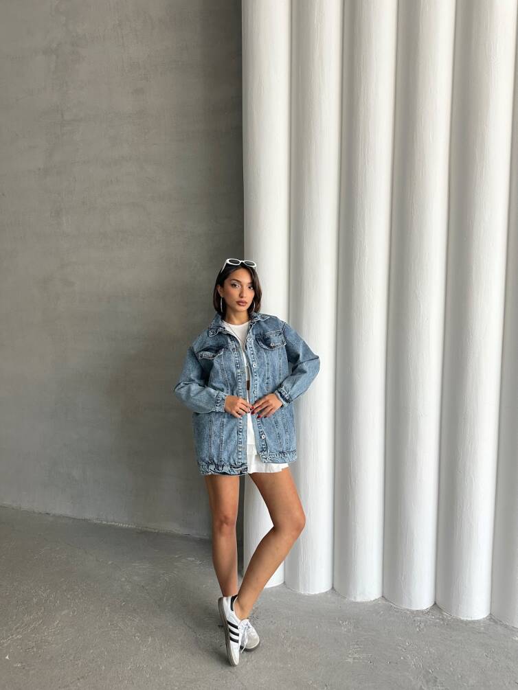 Kadın Taş Yıkama Oversize Denim Ceket Gömlek HYN-10003 - 6