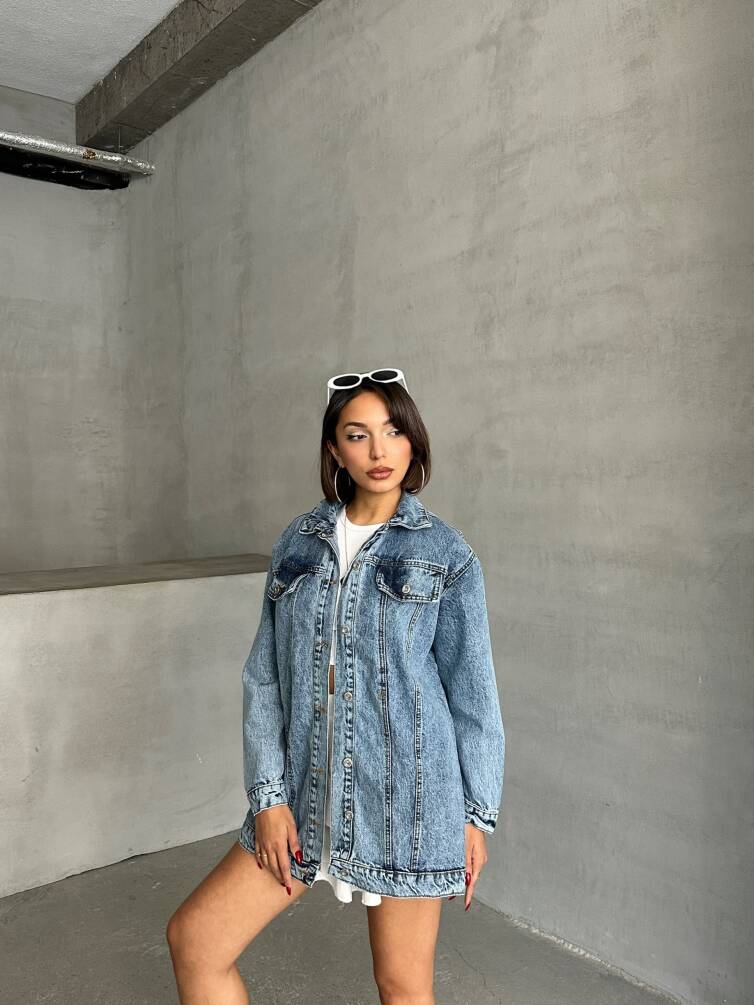 Kadın Taş Yıkama Oversize Denim Ceket Gömlek HYN-10003 - 7