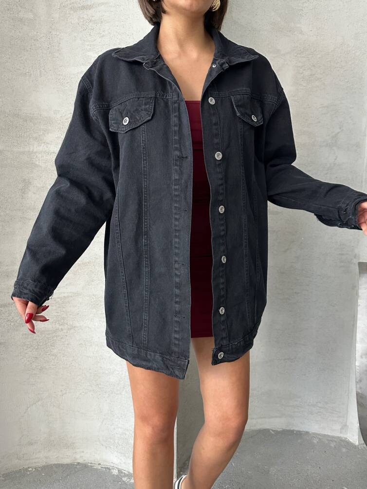 Kadın Taş Yıkama Oversize Denim Ceket Gömlek HYN-10003 - 9