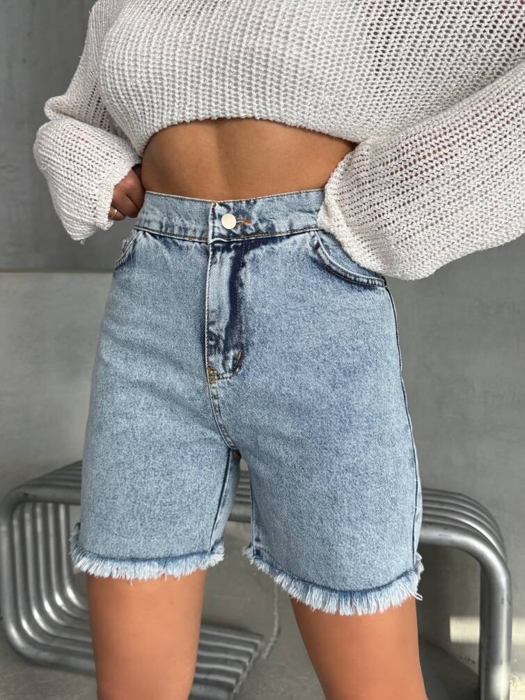 Kadın Yüksel Bel Paçası Püsküllü Denim Kot Şort ZYN-58773 - 1