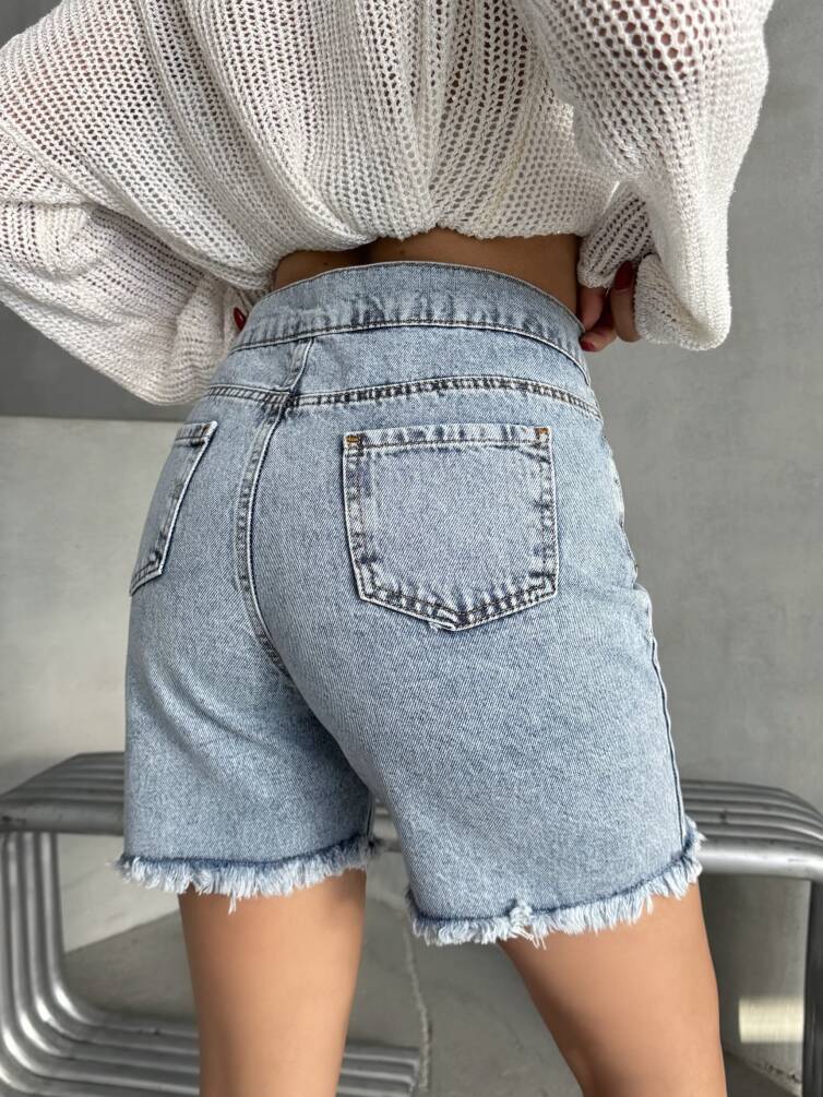 Kadın Yüksel Bel Paçası Püsküllü Denim Kot Şort ZYN-58773 - 6