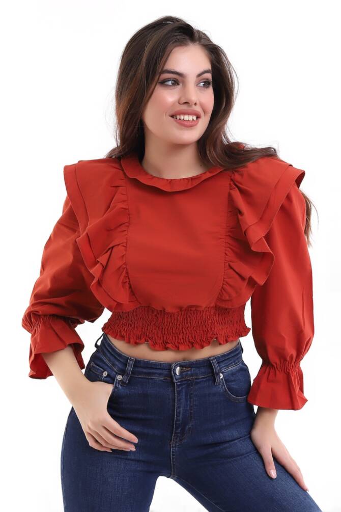Kiremit Kadın Gipeli Fırfır Detaylı Bluz Zyn-58168 - 2