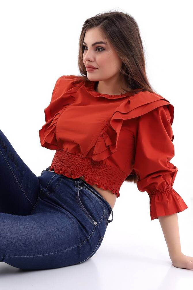 Kiremit Kadın Gipeli Fırfır Detaylı Bluz Zyn-58168 - 4
