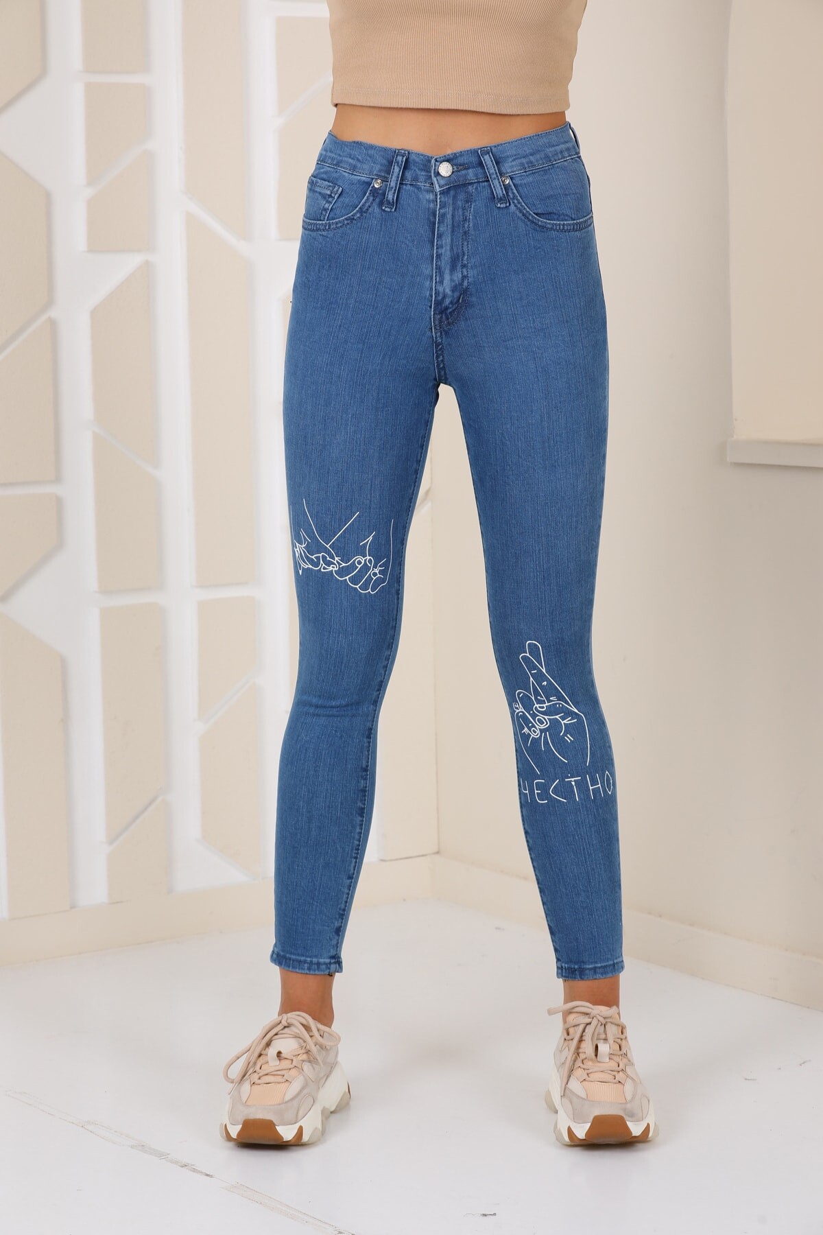 Mavi Dar Kesim Baskı Detaylı Likralı Jean Zyn-58069 - 2