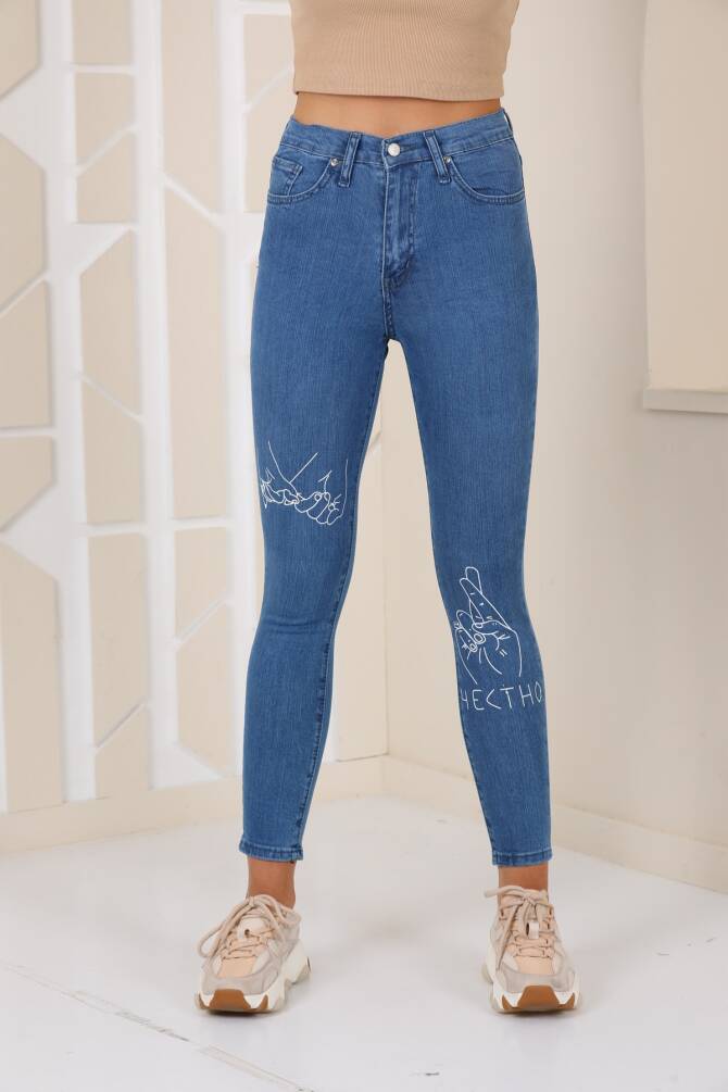 Mavi Dar Kesim Baskı Detaylı Likralı Jean Zyn-58069 - 2