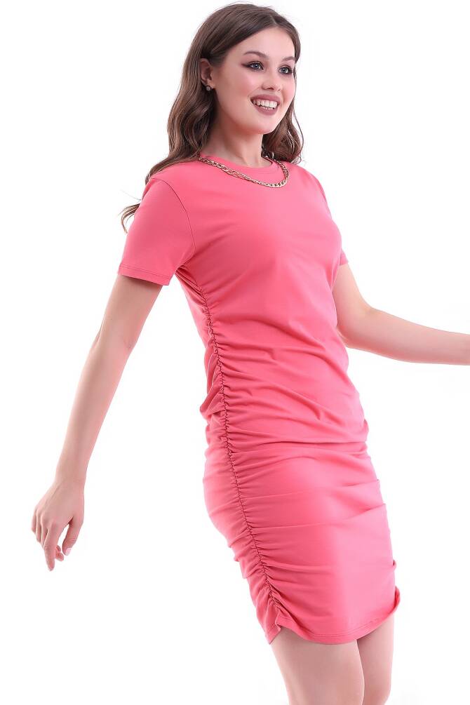 Pembe Kadın Zincir Detaylı Drapeli Elbise Zyn-58210 - 1