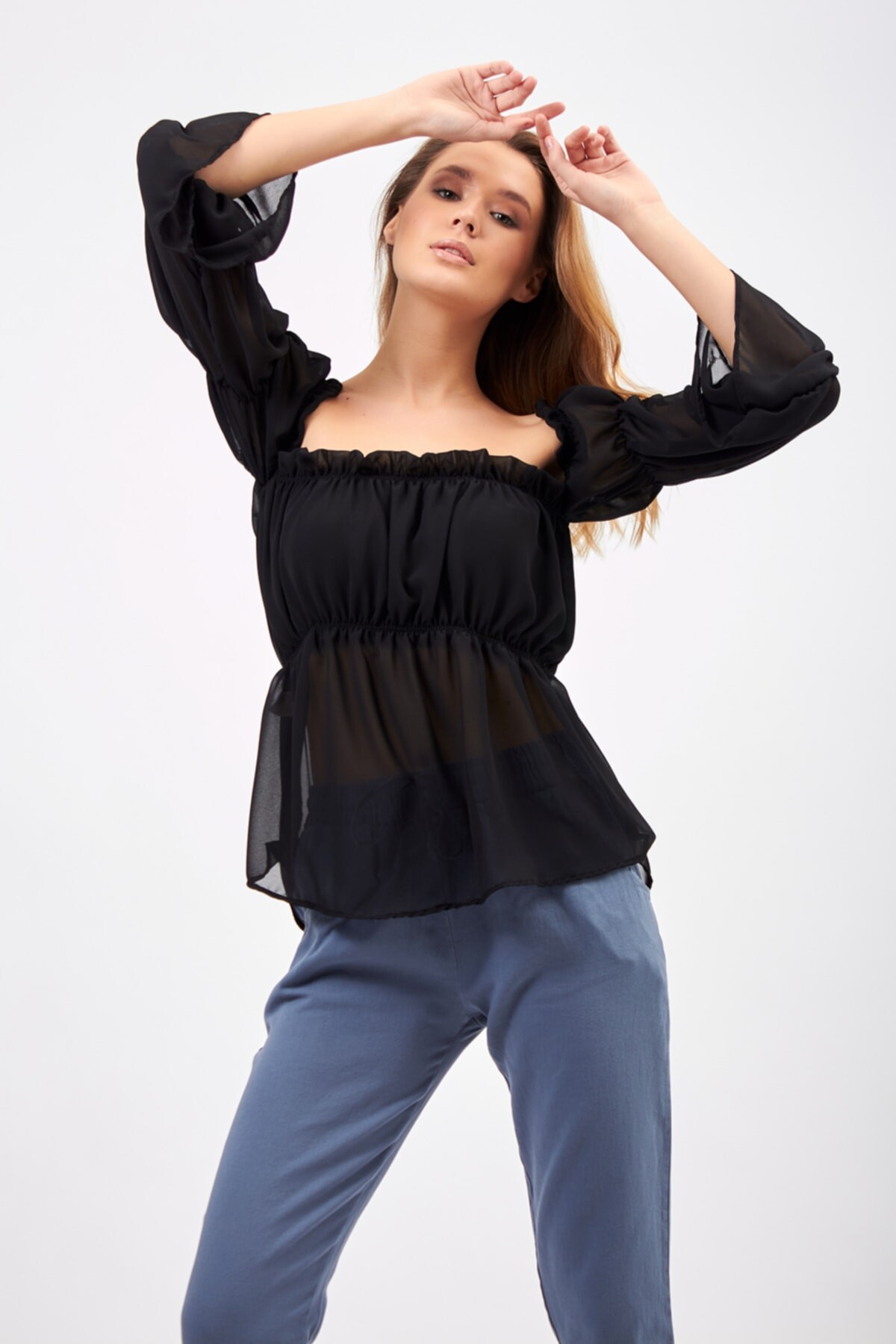 Siyah Kadın Madonna Yaka Önü Büzgülü Ve Lastikli Şifon Bluz Zyn-58148 - 2