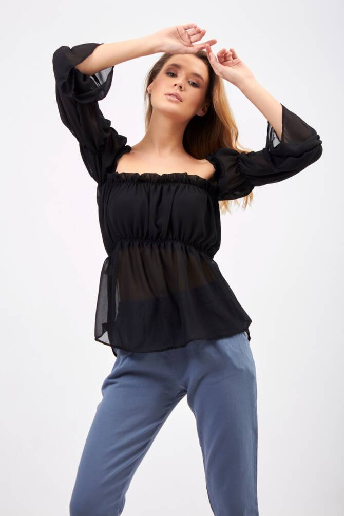 Siyah Kadın Madonna Yaka Önü Büzgülü Ve Lastikli Şifon Bluz Zyn-58148 - 2