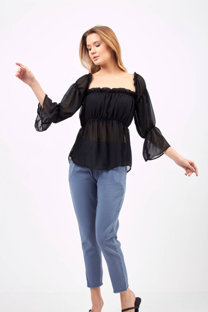 Siyah Kadın Madonna Yaka Önü Büzgülü Ve Lastikli Şifon Bluz Zyn-58148 - 4