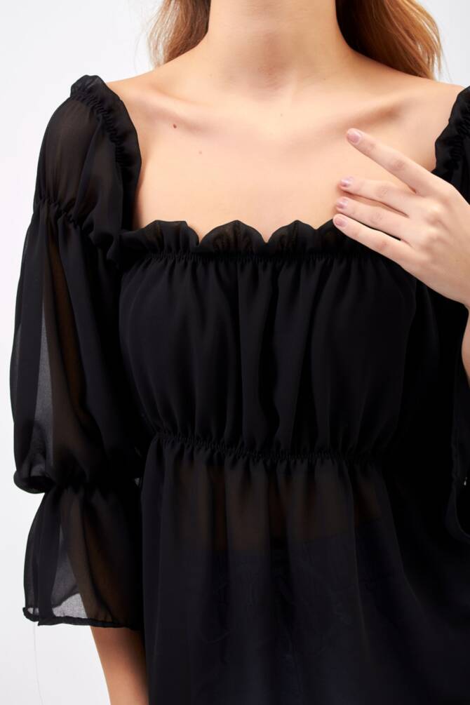 Siyah Kadın Madonna Yaka Önü Büzgülü Ve Lastikli Şifon Bluz Zyn-58148 - 5