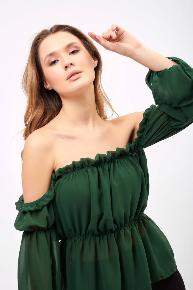 Siyah Kadın Madonna Yaka Önü Büzgülü Ve Lastikli Şifon Bluz Zyn-58148 - 10