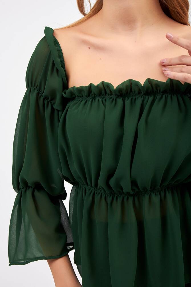 Siyah Kadın Madonna Yaka Önü Büzgülü Ve Lastikli Şifon Bluz Zyn-58148 - 11