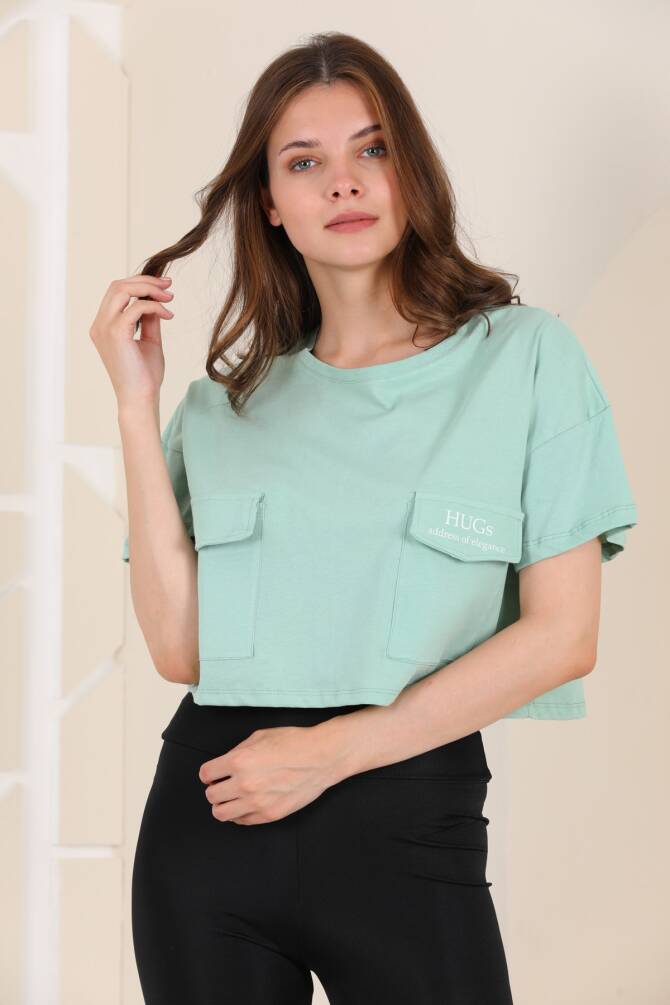 Yeşil Zarf Cepli Crop %100 Pamuk T-shırt Zyn-58071 - 3