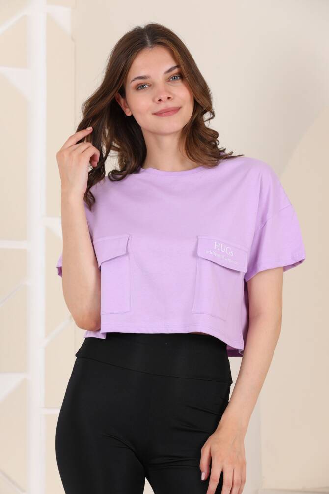 Yeşil Zarf Cepli Crop %100 Pamuk T-shırt Zyn-58071 - 7