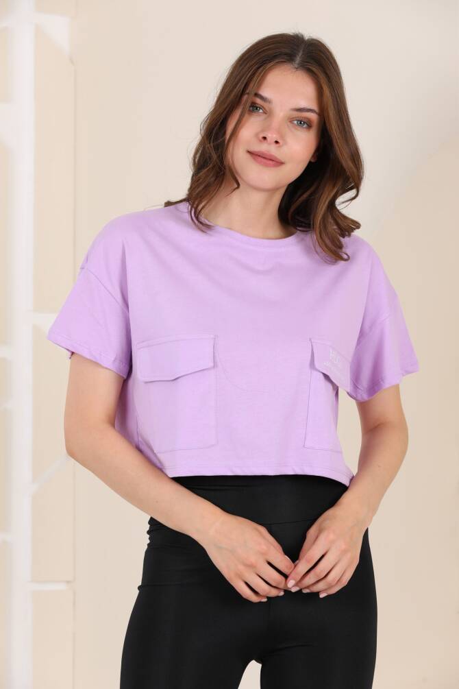 Yeşil Zarf Cepli Crop %100 Pamuk T-shırt Zyn-58071 - 9