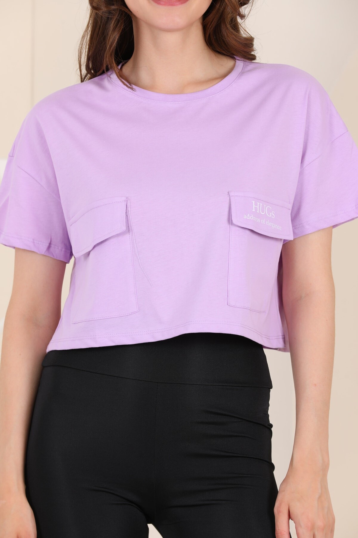 Yeşil Zarf Cepli Crop %100 Pamuk T-shırt Zyn-58071 - 12