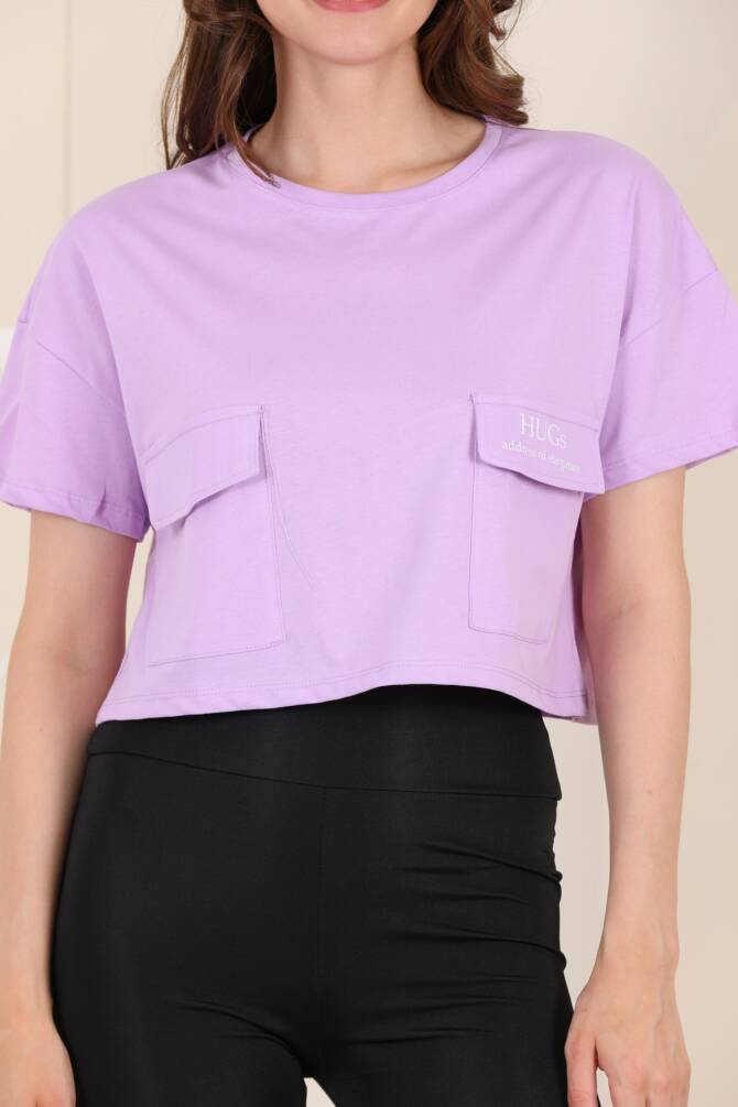Yeşil Zarf Cepli Crop %100 Pamuk T-shırt Zyn-58071 - 12